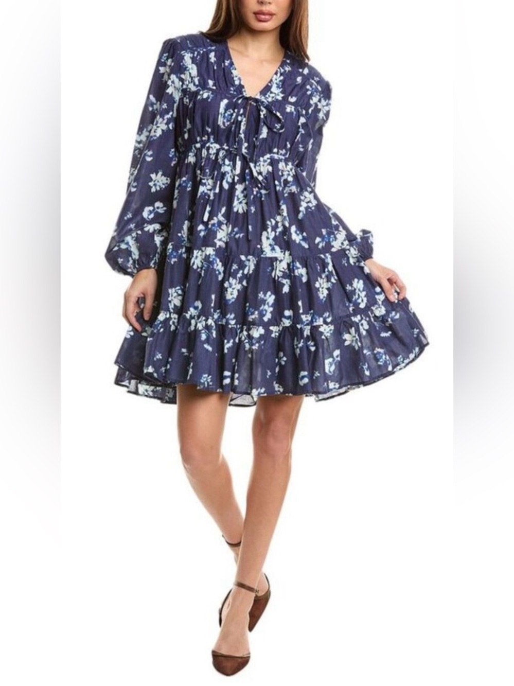 MERLETTE LASSE MINI DRESS IN INDIGO FLORAL, SIZE S.